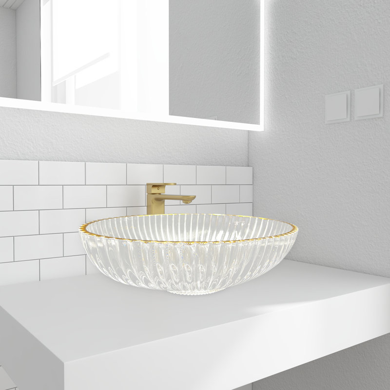 Majestic 21" Glass Oval Vessel Bathroom Sink, Clear/Gold Rim