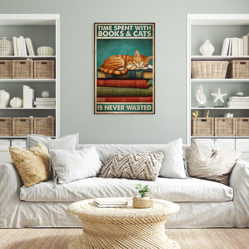 Temps passé avec des livres et des chats sur toile, impression, H 36 po x l 24 po x P 1,25 po