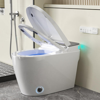 Toilette intelligente avec siège chauffant intégré dans le bidet, toilette intelligente sans réservoir avec eau chaude et sécheuse, affichage à DEL Fahrenheit, chasse d'eau automatique, capteur de pied