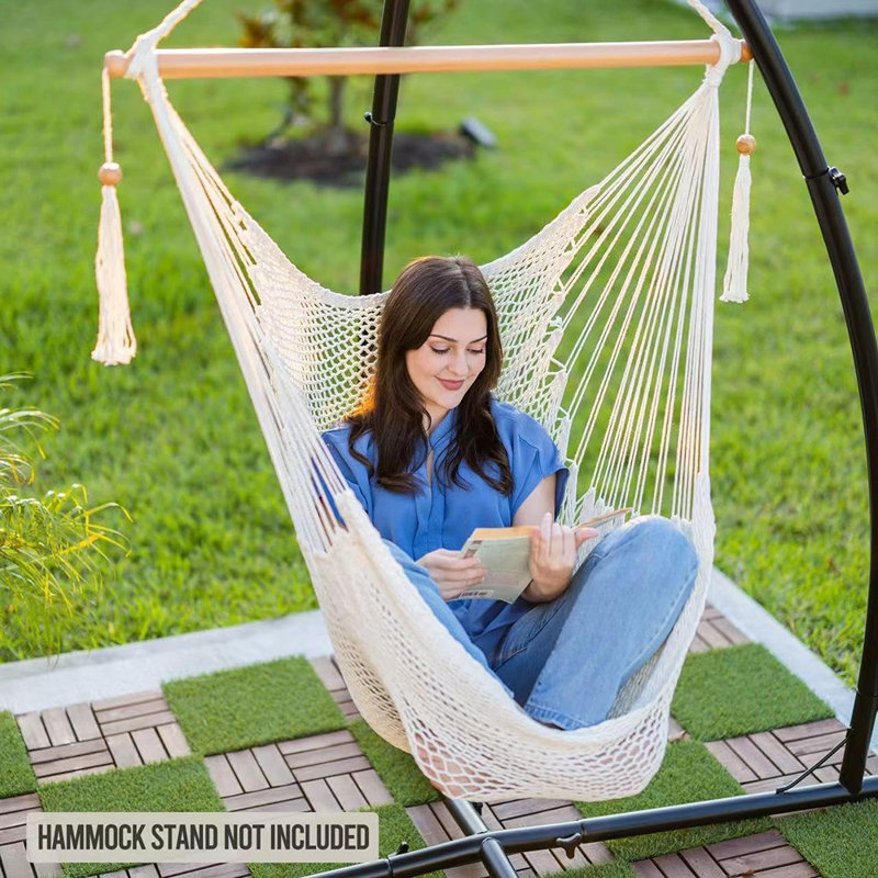 XL Brown Cotton-Polyester Rope Hanging Hammock Chair with Hardwood Spreader Bar