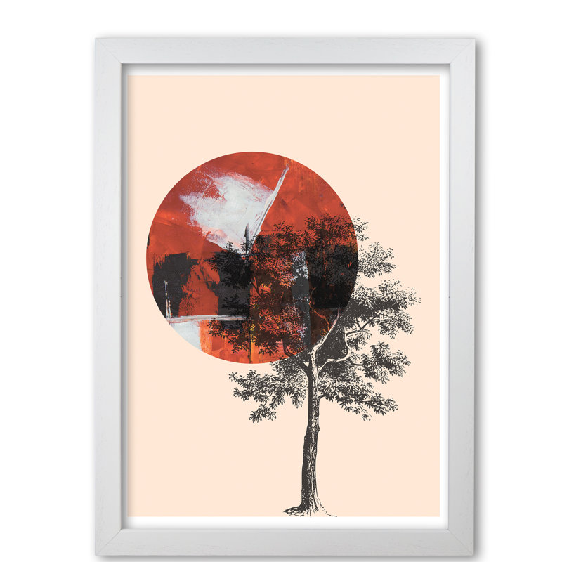 Red Sun And Tree Abstract - Print, White Grain Frame, 30 cm H x 21 cm W x 5 cm D
