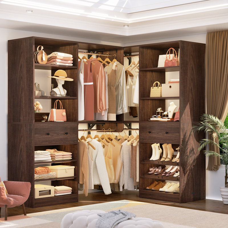 Système d'organisation l 56,6 po à 120 po avec tiroirs en bois et tringles de suspension (coupés sur mesure), Noyer