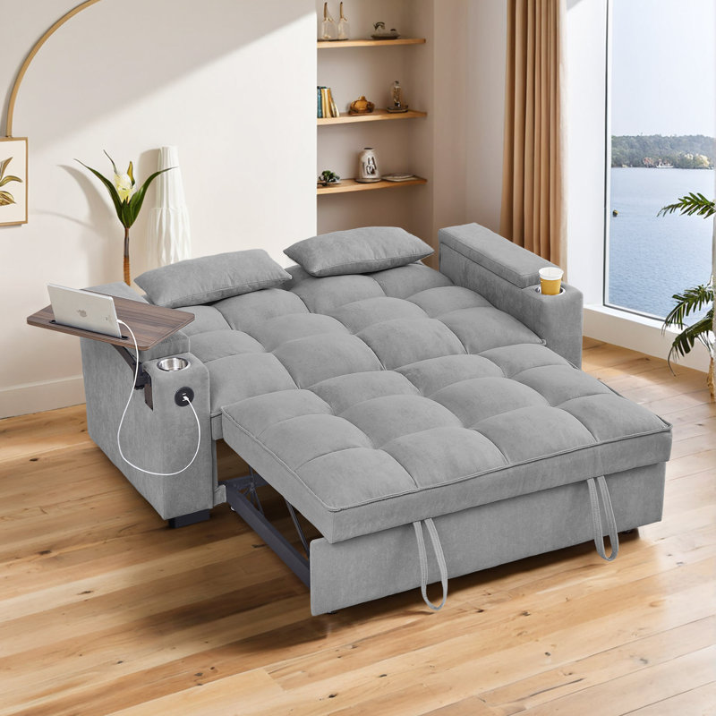 Canapé-lit futon convertible de 65 po de largeur avec canapé-lit, table d'appoint, ports USB et accoudoirs de rangement de type C