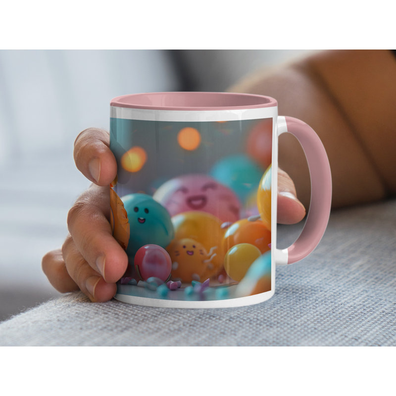 Set of 2 Colourful 3D Design 11oz Accent Mugs – White Ceramic Coffee Cups with a Pink Handle and Interior