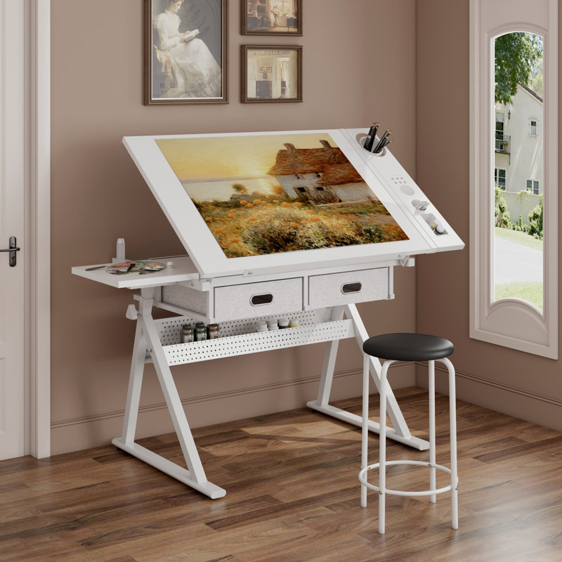 Bureau de dessin réglable avec 2 tiroirs pour bureau à domicile et école avec tabouret
