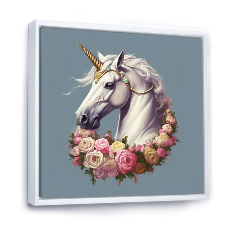 Licorne dans une couronne de fleurs - reproduction sur toile, Cadre flottant blanc, H 24 po x l 24 po