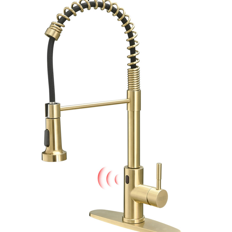 Touchless Brushed Gold Kitchen Faucet, Automatic Smart With Motion Sensor And Pull Out For Efficient Use Hands Faucet In Gold, Function
