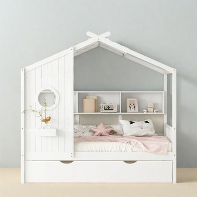 House Style Bed With Trundle And Shelves, Daybed With Roof