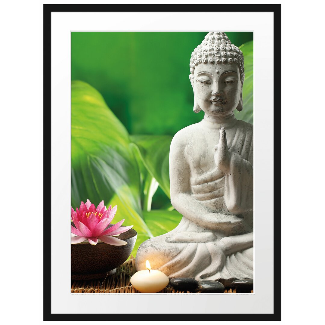 Gerahmtes Poster Seerose Buddha Statue