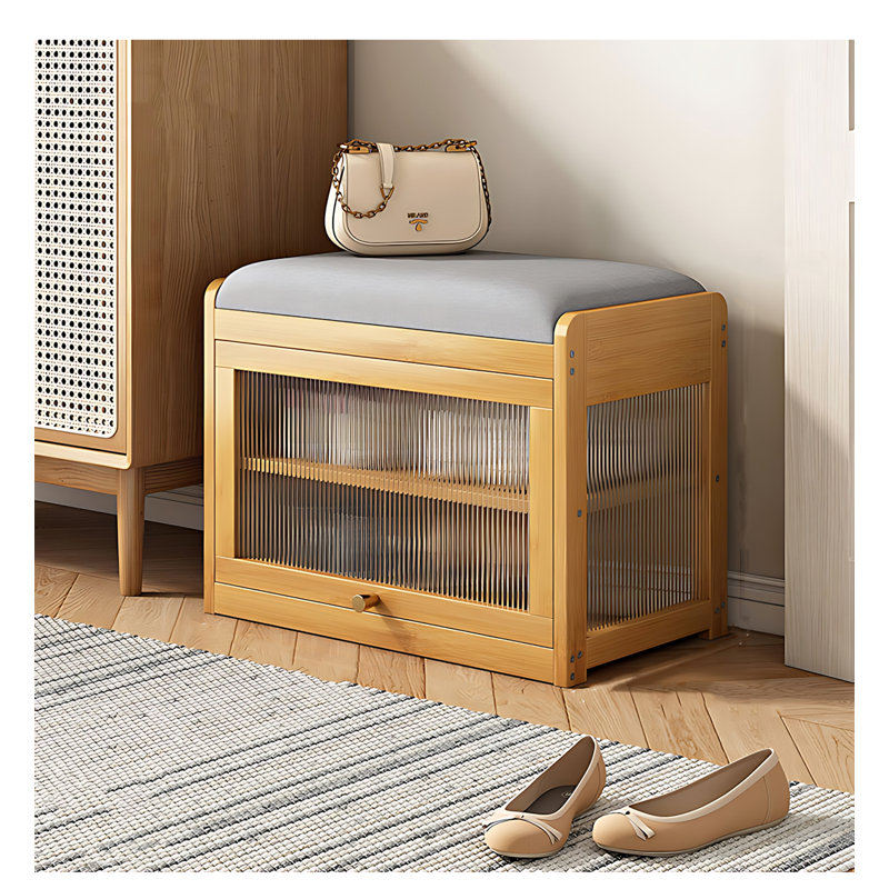 Banc de rangement transparent pour chaussures en bambou, Tanné