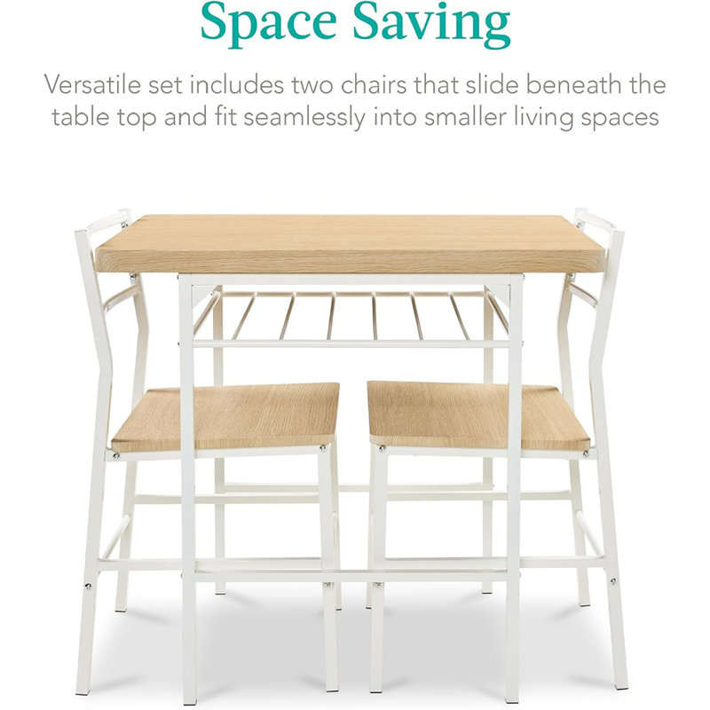 Ensemble de salle à manger 3 pièces moderne, coin-repas compact pour cuisine, salle à manger, petit espace avec cadre en acier, support de rangement intégré - naturel / blanc