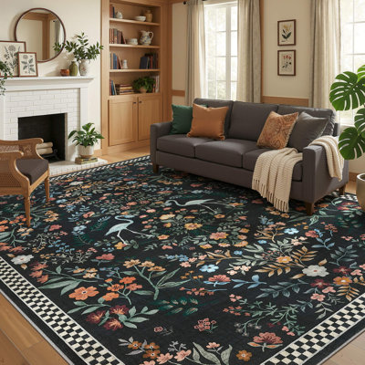 Tapis lavable à motif floral de style campagnard avec antidérapant pour chambre de bébé, décor de salon - noir
