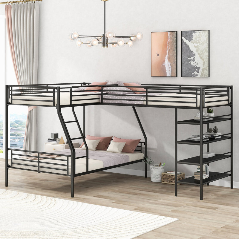 Lit superposé simple en L en forme de L et lit mezzanine simple avec quatre tablettes intégrées