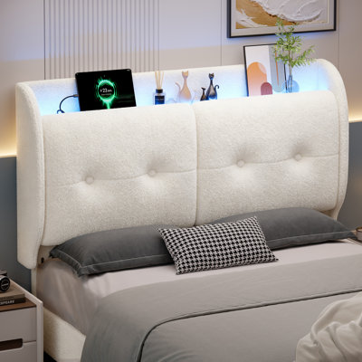 Damerius Wingback Upholstered Headboard With Storage Shelf, USB And Ambient Light