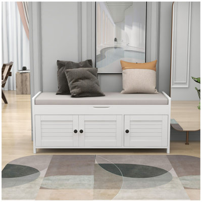 Banc de rangement avec 3 portes en forme de volet, banc à chaussures avec coussin amovible et espace de rangement caché
