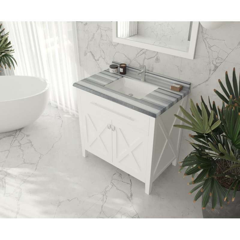 Pyles 36'' Single Bathroom Vanity with Solid Surface Top, White, White Stripes