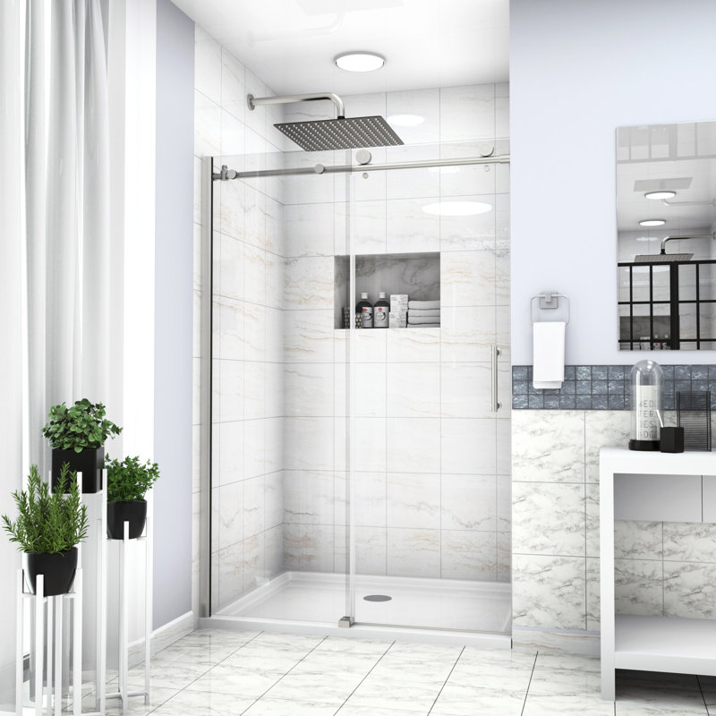 Enceinte de porte de douche l 48 po x H 76 po en nickel brossé - verre trempé, quincaillerie de transformation de salle de bain, base à usage durable vendue séparément 48 po x 76 po