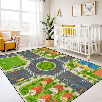 Tapis 9 x 12 pour enfants apprenant les tapis lavables pour la salle de classe et la ville colorée Carte du rond-point Roads Cars Homes School Park