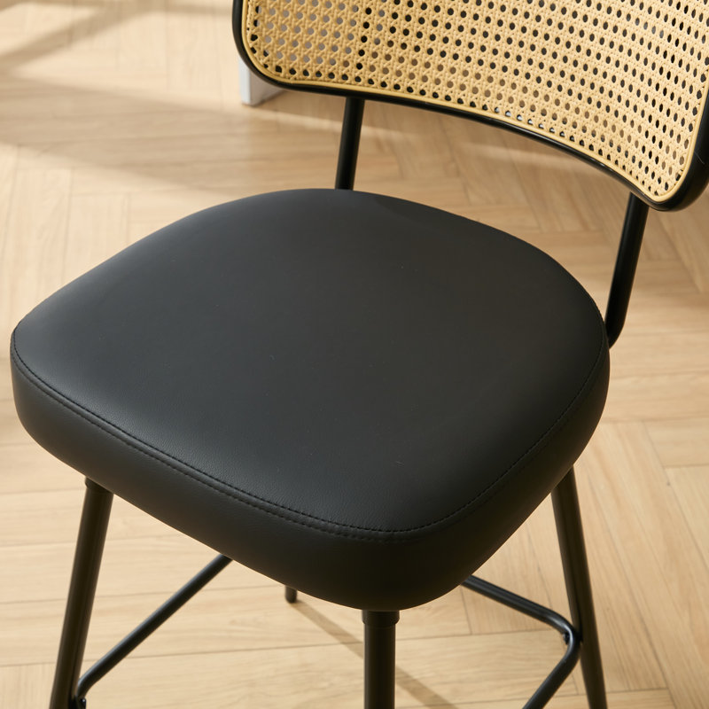 Swivel Upholstered Counter Stools With Rattan Back, Black, 2