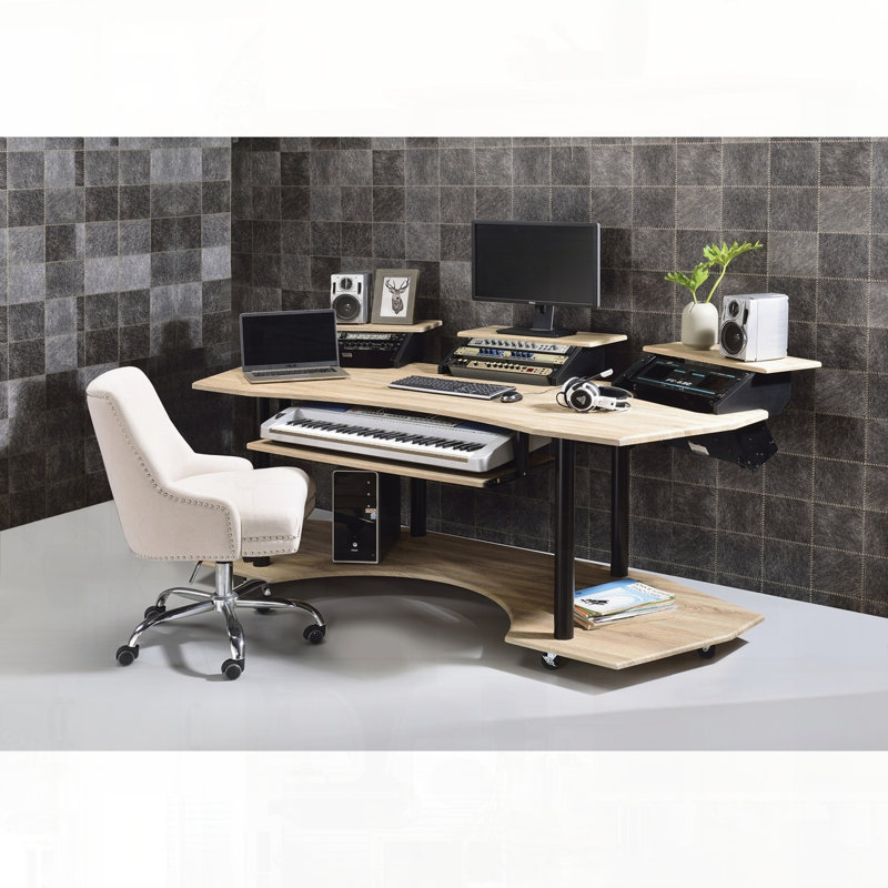 Bureau de studio d'enregistrement de musique avec roulettes lisses, Chêne