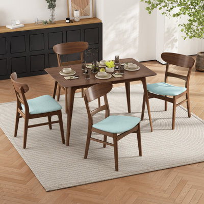 [Video] Mid-Century Modern 5-Piece Dining Set, Rubberwood Frame, One Table And 4 Upholstered Chairs, Walnut + Mint (Same Sku: N759S001011M)