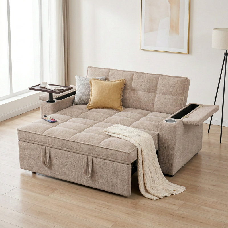 Canapé-lit moderne en velours coulissant de 65 po avec table d'appoint, Kaki