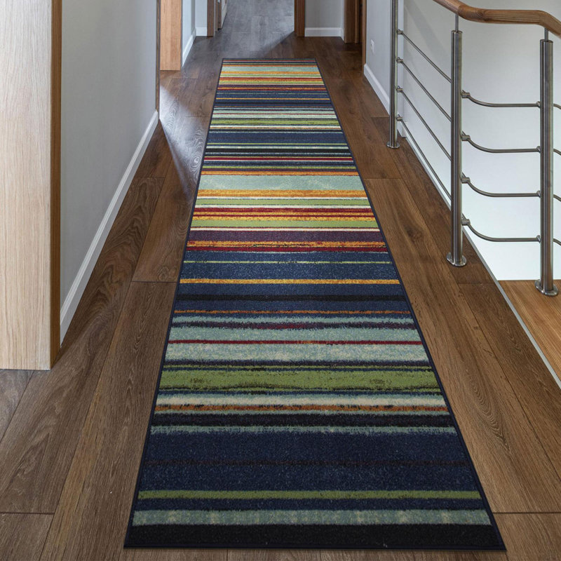 Multicolor Striped Non-Slip Synthetic Runner Rug, 2'7" x 9'10"
