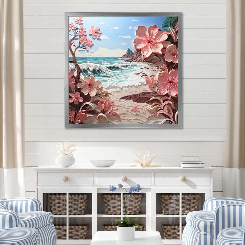 " Pink Beachside Bloom Papercut II ", Silver Single Picture Framed, 36" H x 36" W x 1.5" D
