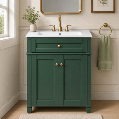 24" Bathroom Vanity with Ceramic Sink, Tip-Out Drawer & Door Organizers, Green