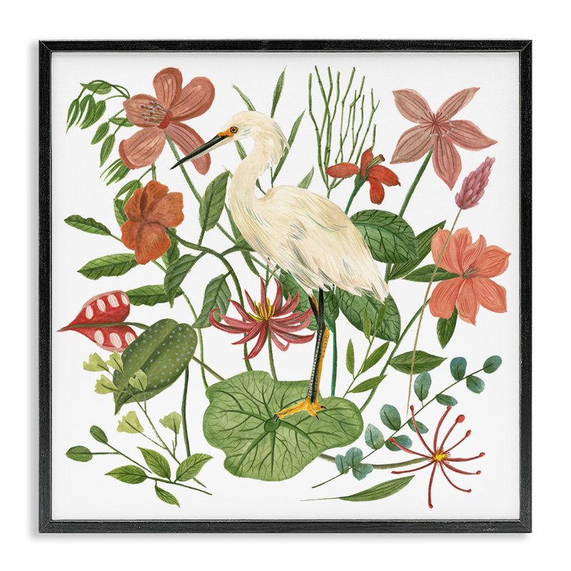 Heron with Wild Florals, art de la giclée encadrée par Melissa Wang, Giclée encadrée noir minuit, H 12 po x l 12 po