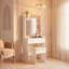 Ensemble de meuble-lavabo compact avec miroir lumineux à DEL réglable, rangement caché et tabouret rembourré, prise de courant intégrée, coiffeuse compacte pour petite chambre à coucher, blanc