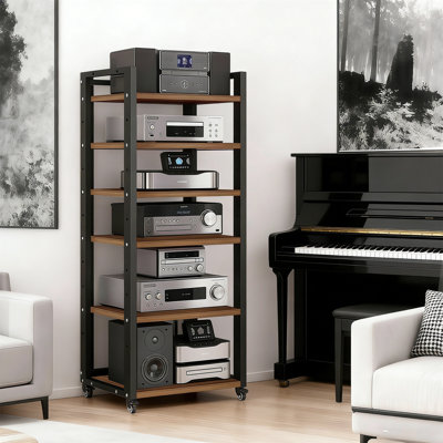 6-Tier AV Media Stand With Wheels, Adjustable, Metal, For Record Player, DVD, TV Box