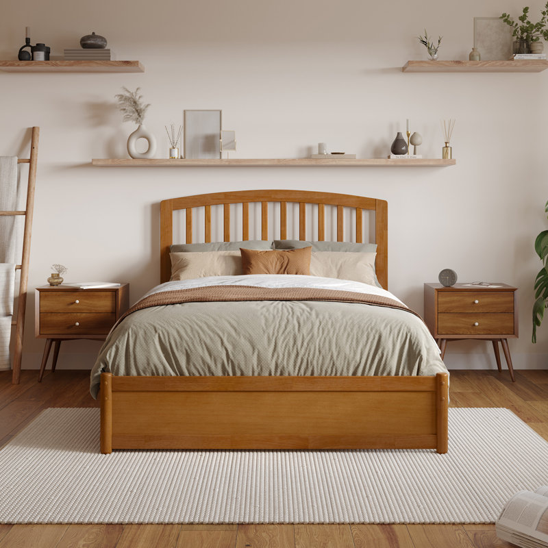 Lit plateforme en bois massif avec pieds de lit et tiroirs de rangement Lamari, Caramel clair, Double