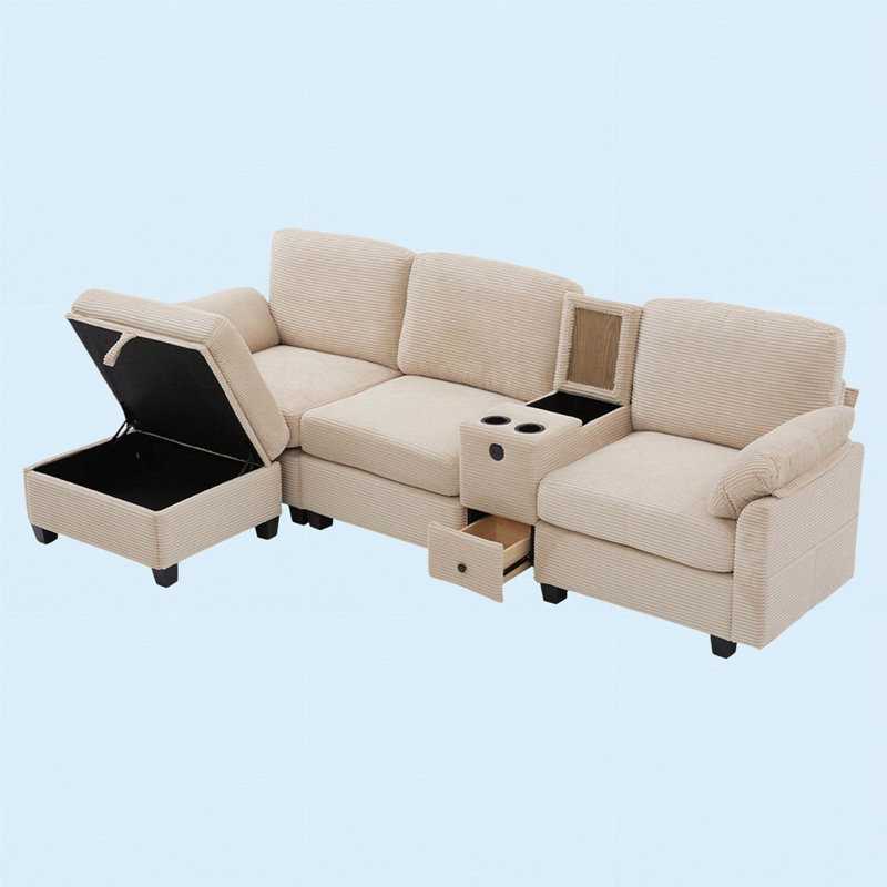 Canapé en velours côtelé L-Type avec design segmenté 4 places, porte-gobelet, port USB, boîte de rangement, console mobile et repose-pieds