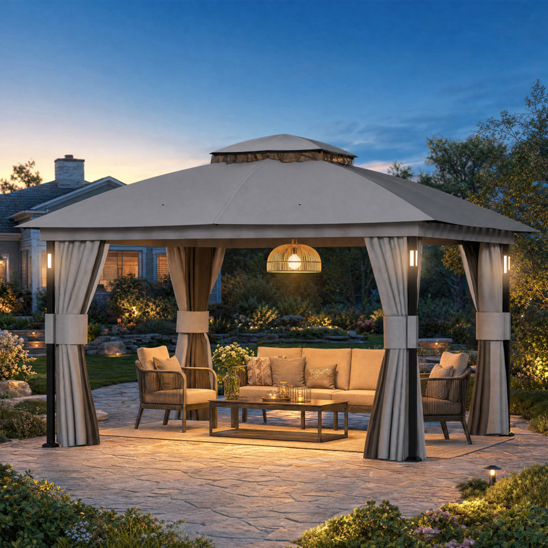 Pavillon de jardin à toit double en acier 11 'x 13' avec éclairage à DEL, haut-parleur Bluetooth, moustiquaire et voilages