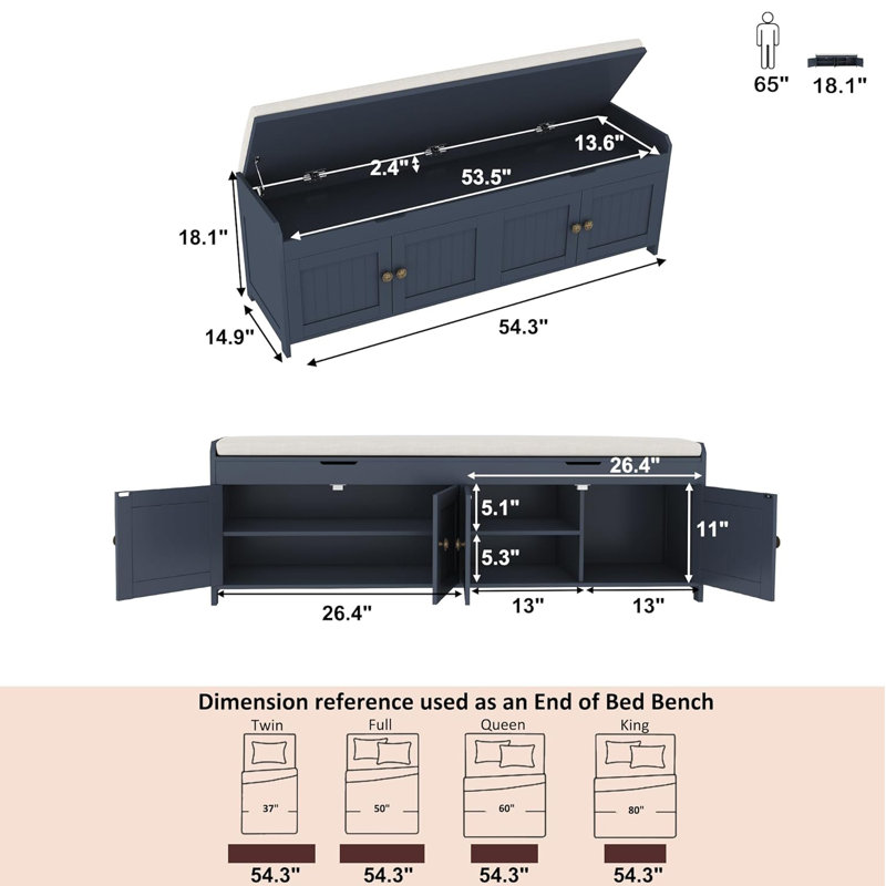 54.4" Shoe Bench with Lift Top Storage,Entryway Storage Bench with Cushioned Seat and 4 Doors, Blue