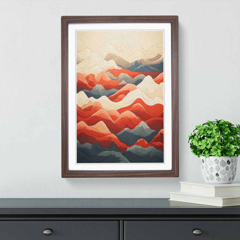 Japanese Mountains Geometric - Single Picture Frame Print on Wood, 64cm H x 46cm W x 2cm D, Walnut Framed