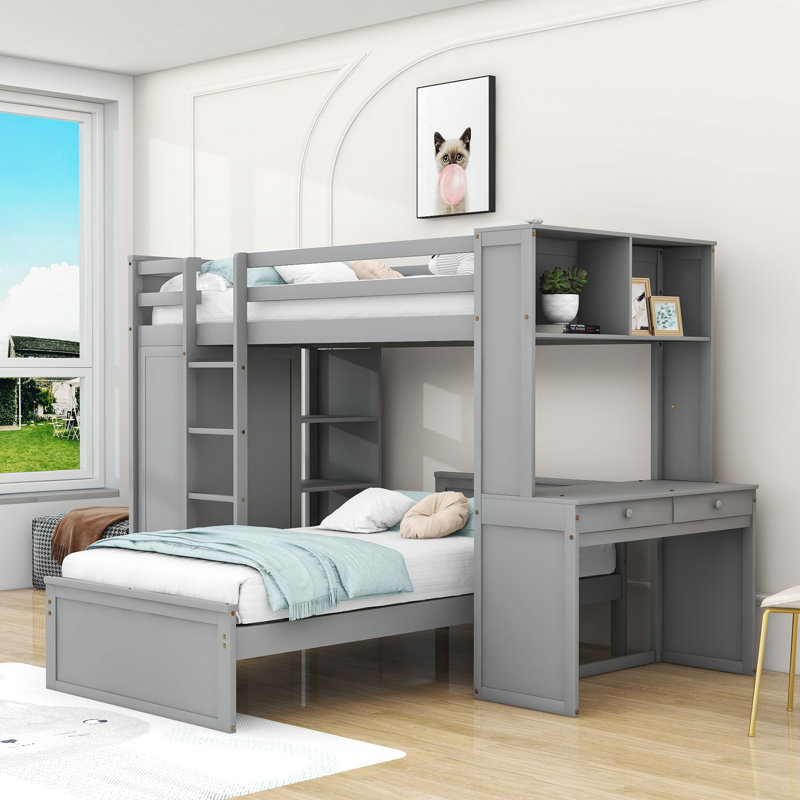 Gionata Kids Twin Over Twin Bunk Bed with Drawers, Gray
