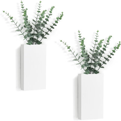 Paquet de 2 vases à fleurs muraux en bois avec eucalyptus artificiel ferme à suspendre au mur pour fleurs artificielles, plantes, verdure, fleurs, salon, chambre à coucher, cuisine, décoration de la maison, blanc