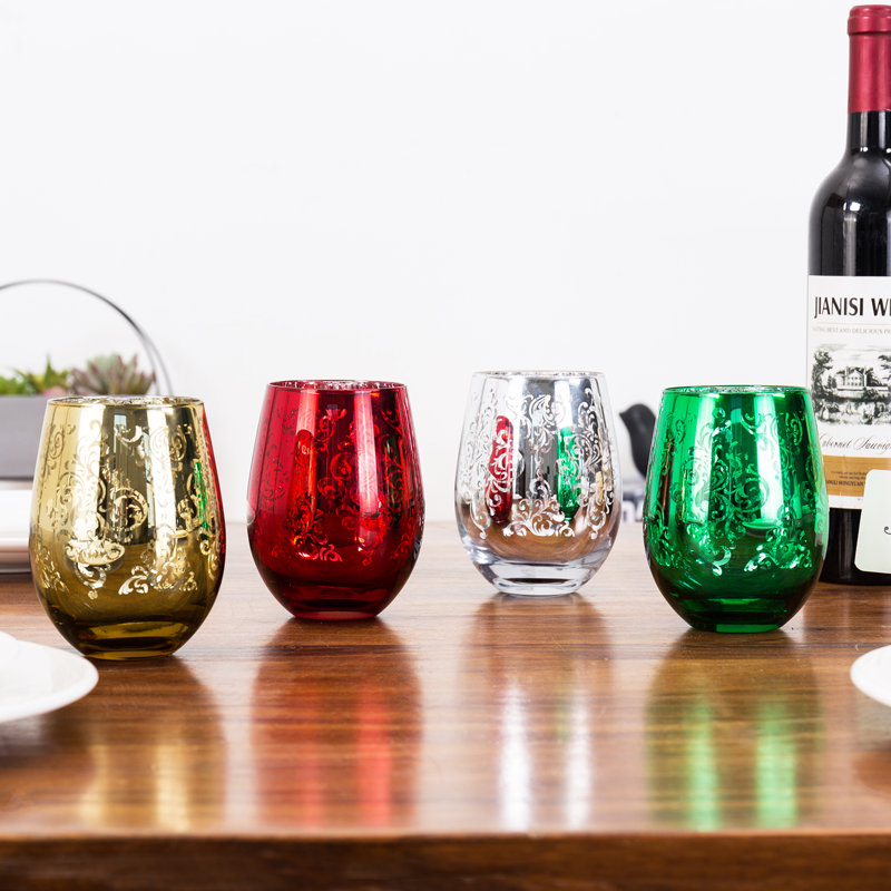 Festive Multicolor Stemless Wine Glass Set with Baroque Pattern, 16 oz Capacity