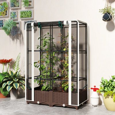Lit de jardin surélevé avec treillis, cage à tomates 46,5 "avec cage de culture, jardinière à arrosage automatique avec trous de drainage et bouchons pour plantes d'extérieur, plantes grimpantes, vignes, fleurs, blanc