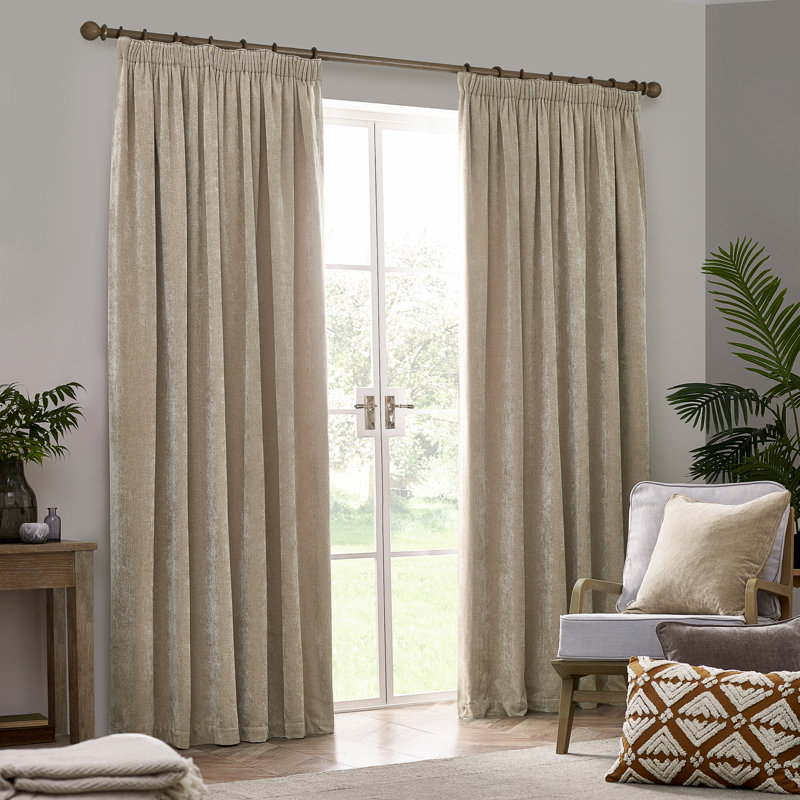 Heavy Chenille Room Darkening Pencil Pleat Curtains, 229 W x 183 D cm, Natural