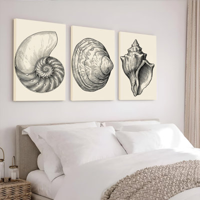 Ensemble de 3 tableaux sur toile à motifs de coquillages pour la décoration du salon