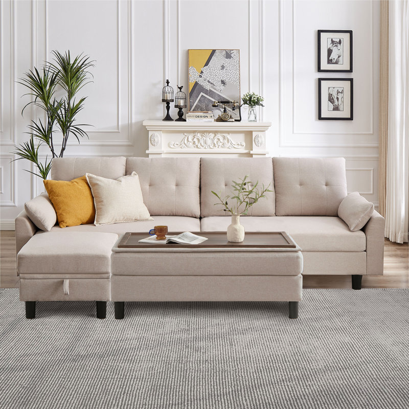 Canapé de 102,4 po de largeur avec repose-pieds et banc long avec table basse, Mélange de polyester beige