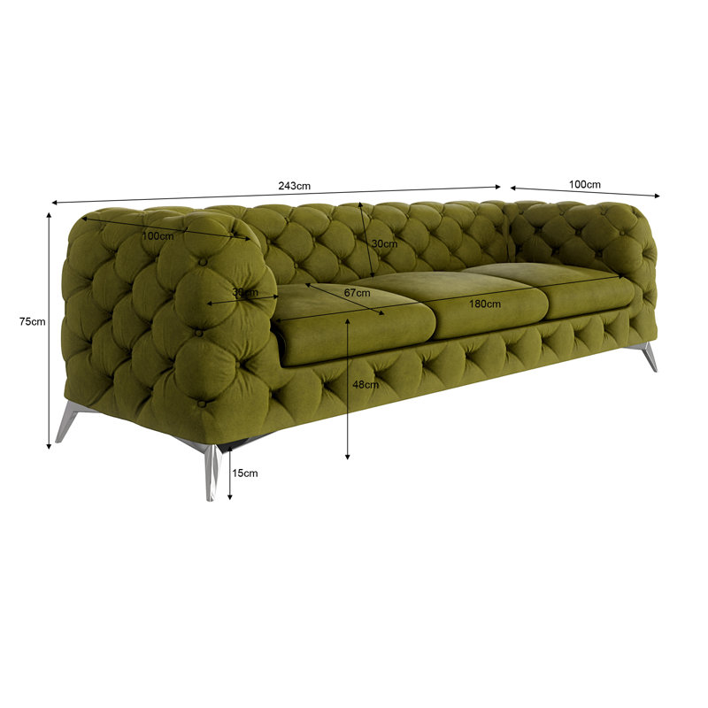 Chesterfield Sofa  3 Seater with Silver Metal Legs, Olive