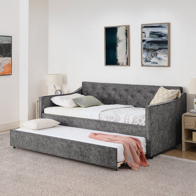 Twin Size Upholstery DayBed with Twin Size Pop-up Trundle and USB Charging Design, Gray