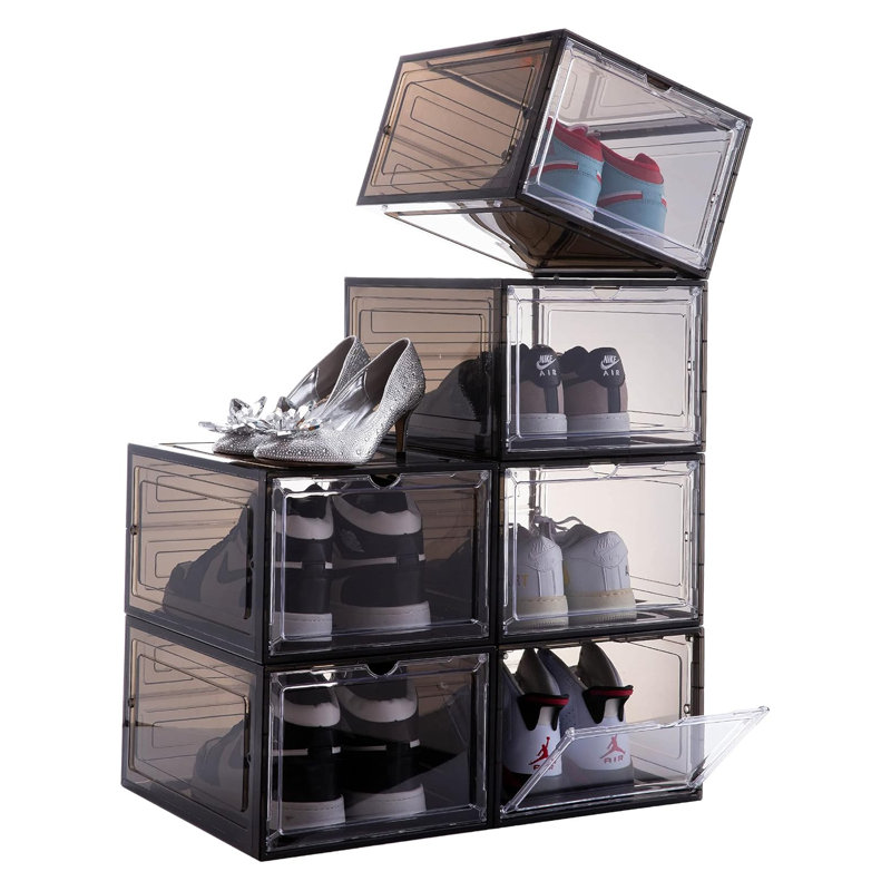 Boîte à chaussures empilable en plastique transparent avec porte magnétique, boîte de rangement pour chaussures robuste, assemblage facile, conception transparente