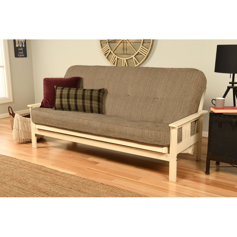 Structure de futon double avec matelas à ressorts double Johnte, Premium Pocket Coil, Taxi fumée de bois, Blanc antique
