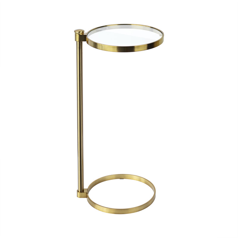 Alto C Shaped Martini Drink Round Table Gold Metal Base Tempered Glass Top, Gold