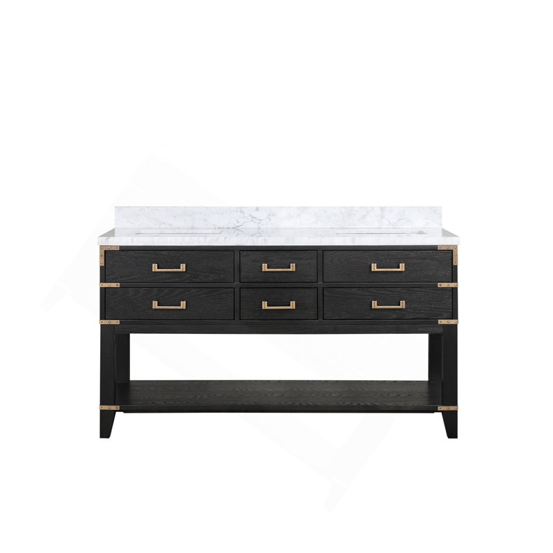 Meuble-lavabo double en chêne noir 60 po X P 22 po D, avec plateau en marbre de Carrare